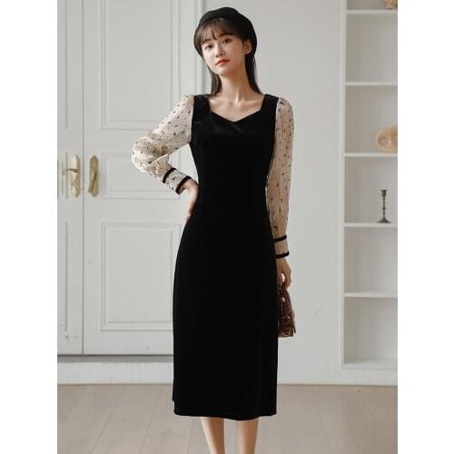 AIYANA Velvet Women Long Dress bodycon Patchwork Autumn Winter 2021 Elegant Split Femme Dresses party long sleeve gothic Clothes