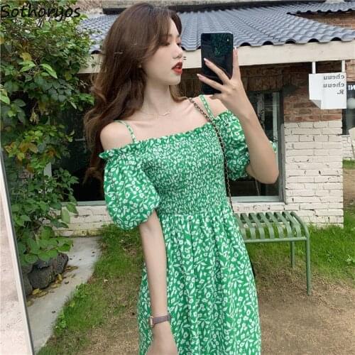 Elegant Short Sleeve Dress Women Slash Neck Vintage Floral Printed Slim Fit High Waist Sexy Off-shoulder Tendercasual Stylish OL