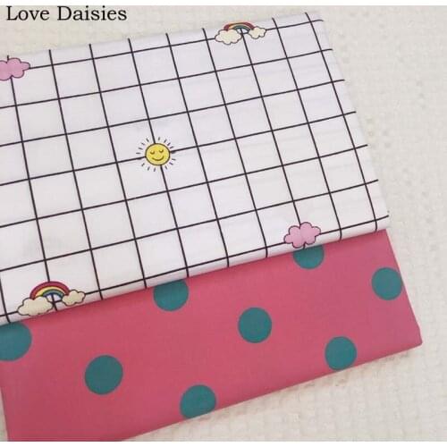 100% Cotton WHITE Check Sun Cloud Rainbow ROSE RED Big Dark Green Polka Dot Twill Fabrics for DIY Apparel Dress Decor Handcraft