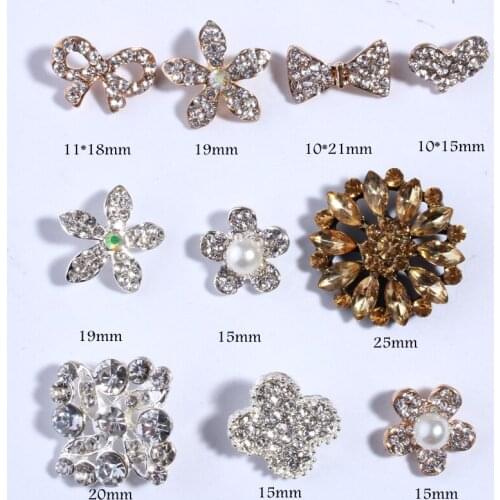 120PCS Vintage Crown/snow/flower Rhinestone Buttons Bling Alloy Crystal Rhinestone Buttons With Legs for Wedding Embellishment