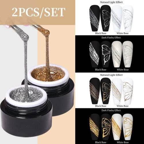 BORN PRETTY 2Pcs/Set 5g Reflective Glitter Spider Nail Gel Set Gold Silver Nail Art Sparkling Effect Nail Art Soak Off UV Gel