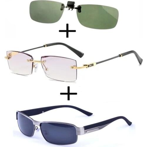 3Pcs!!! Rimless Frameless Luxury Reading Glasses for Men Women + Polarized Sunglasses Squared + Sunglasses Clip