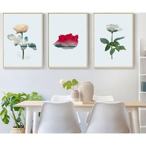 Nordic Style Abstract Canvas Painting Beautiful Flowers Green Leaves Wall Art Posters and Print Picture Modern For Room Decor