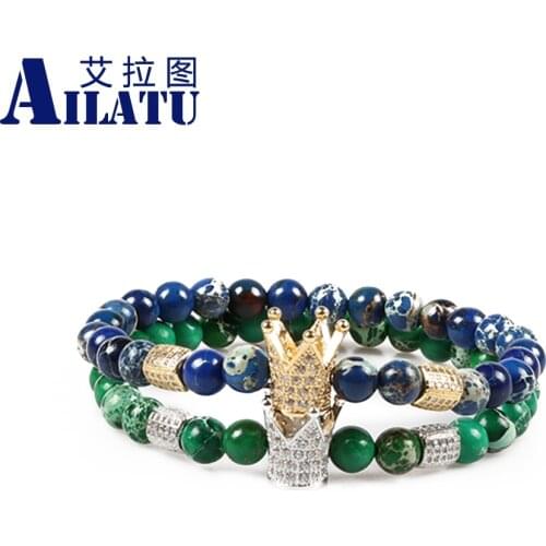 Ailatu New Arrival Micro Paved Cubic Zirconia Crown Charm with 6mm Succor Creek Stone Beads Men' Energy Bracelets