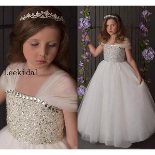 Beaded White Flower Girls Princess Dress Lace Up High Quality Little Girl Pageant Cute Party Event Wedding Wear Dress Custom