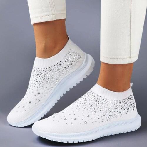 Oversize Summer Slip on Sock Sneakers Womens Sport Shoes Sports Woman Running Shoes Women White Knitting Rhinestones GME-2068