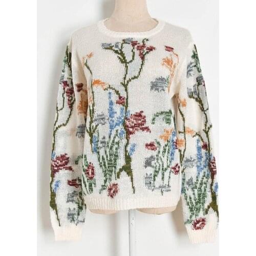 High Quality Knit Jumper Sweater Women Autumn Fashion Flowers Jacquard White See Through Knitted Pullover Thin Casual Knit Tops