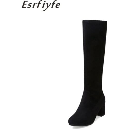 ESRFIYFE 2020 New Women Boots Female Winter Warm Shoes Woman Lace Up Snow Boots Fashion Square High Heels Knee High Boots Black