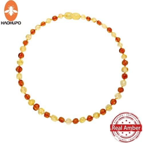 HAOHUPO Top Hot Quality Gold Fashion Nature Stone Baltic Amber Necklace Jewelry Girls Necklace Gold Handmade Necklace Children