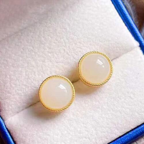 Natural Hetian Jade Ear Studs Womens S925 Sterling Silver Small and Simple Exquisite Refined Grace All-Match round Anti-Allergy
