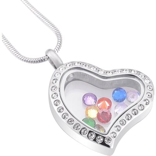 IJD9890 Unique Heart Shape Glass Locket Memorial Urn Jewelry Hold Birthstone/Ashes Keepsake Cremation Pendant Necklace Women Men