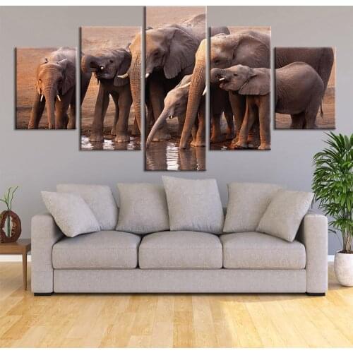 Canvas Painting Sunset elephant 5 Piece Picture Wall Art Prints Modular Cuadros Póster Home Decor