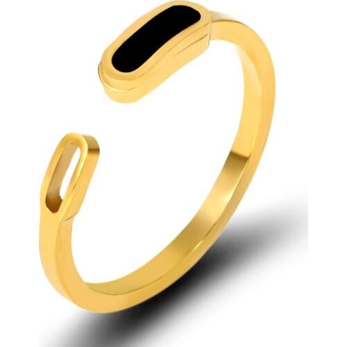 Punk Jewelry Black Oval Hollow Opening Ring Stainless Steel Ring Gold Color Personality Cuff Ring Women Men Couple Gift