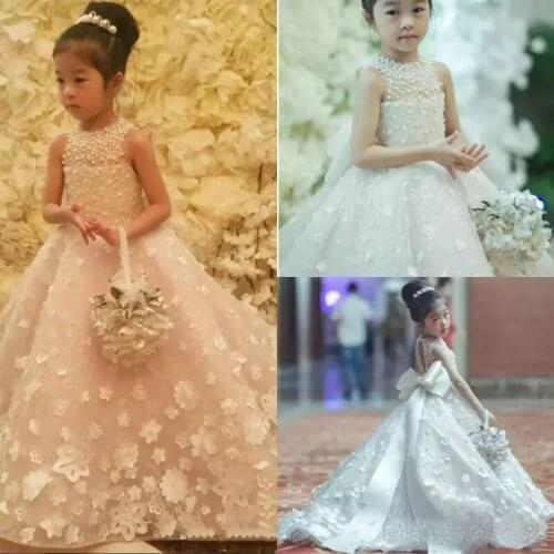 Cute Handmade Flower Girl Dresses Bow Belt Bead Princess Kids Floor Length Girls Pageant Gowns