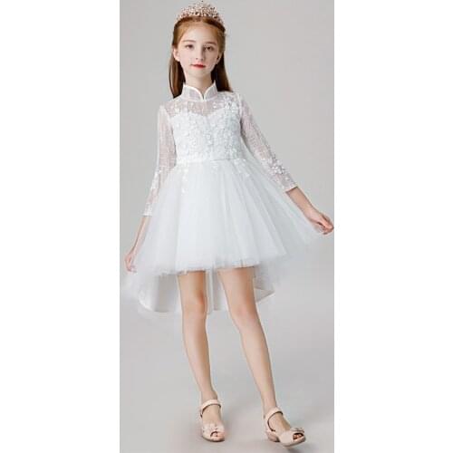 Fashion White Bow Handmade Flowers Flower Girl Dresses Long Sleeve Kids Pageant Gowns Long Flower Girl Dresses For Weddings