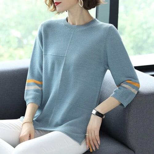 Fashion O-Neck Striped Knitted Pullovers Women Three Quarter Sleeve Knitwear T-shirt Casual Loose Spring Knitted Tops Female