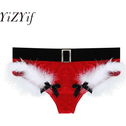 Mens Male Velvet Briefs Lingerie Panties Jockstraps Feather Trimming Fashion Party Bowknot Thong Christmas Underwear Underpants