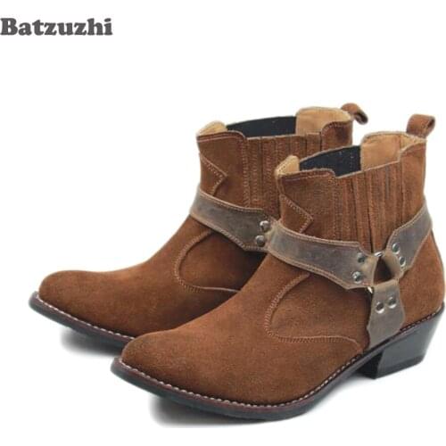 Super Cool Western Cowboy Boots Men Pointed Toe Cowhilde Genuine Leather Ankle Men Boots Brown Suede Buckle Motorcycle Boots Men