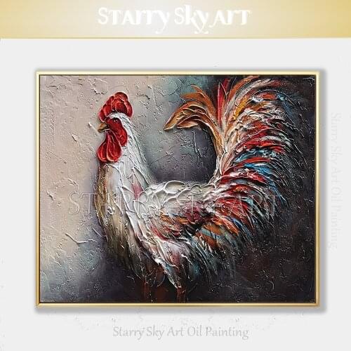 Professional Artist Hand-painted High Quality Animal Rooster Oil Painting on Canvas Thick Paints Cock Oil Painting for Wall Art