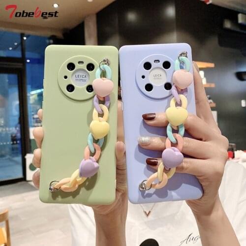 Macaron Lovely Bracelet Chain Phone Case For Huawei Mate 40 30 20 10 Lite Pro Silicone Coque Wrist Strap Soft TPU Back Cover