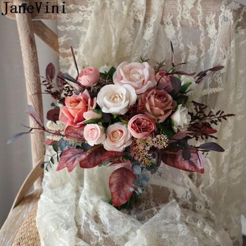 JaneVini Vintage Autumn Coffee Pink Wedding Flowers Bridal Bouquets Artificial Rose Graduation Bouquet Bride Flower Ribbon 2021