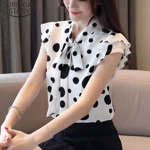 Korean Style Women Casual White Polka Dot Chiffon Blouse Women Tops and Blouse Fashion Short Sleeve O-neck Blouse blusas 4942 50
