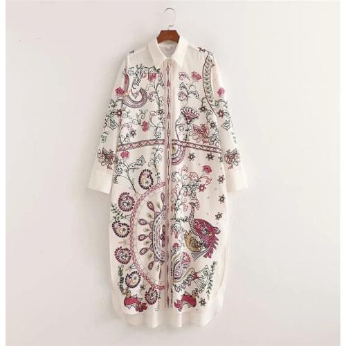 TRAF Za 2021 White Shirts Woman Button Up Shirt Print Floral Blouse Women Casual Collared Long Sleeve Top Summer Vintage Shirt