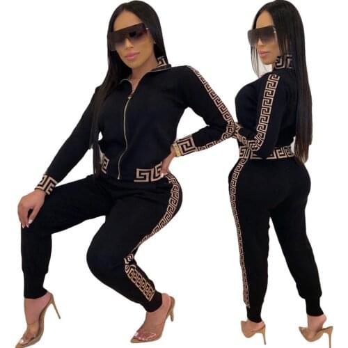 Women Stylish Outfits 2021 Autumn Fashion Sportwear Tracksuit Long Sleeve Zipper Printing Jacket Coat+Skinny Pants Two Piece Set