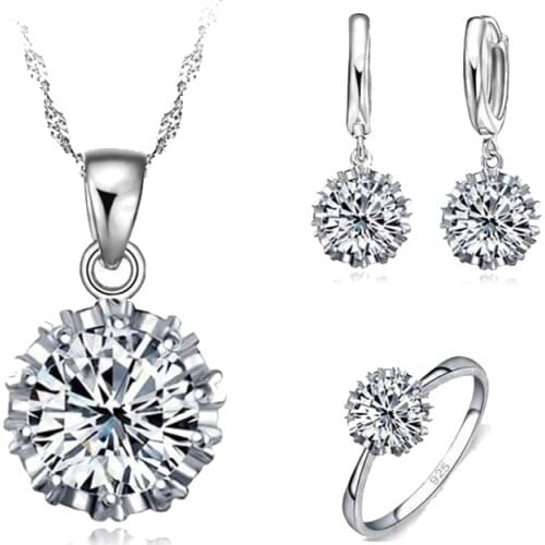 Classic Romantic Shiny Full White AAA+ Crystal 925 Sterling Silver Jewelry Sets For Women Party Wedding Bridal Accessories