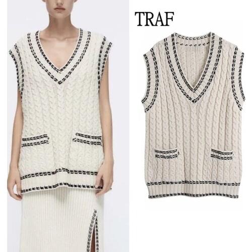 TRAF Za Women Sweater Vest 2021 Autumn V Neck Pullover Knitted Vests Women Y2k Oversized Sweater Sleeveless Women Clothing Top