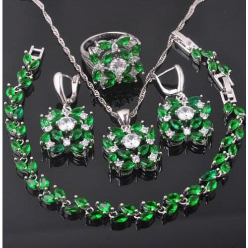 2020 NewUnique Design Green Zircon Silver Color For Women Jewelry Sets Bracelet Necklace Pendant Earrings Ring QS0360