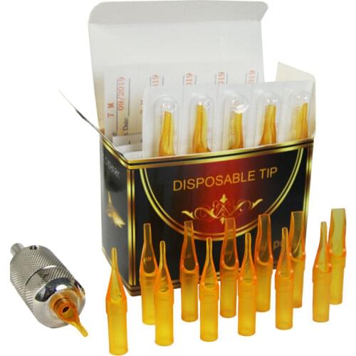 50pcs U Pick Size Yellow Tattoo Tips Gold Shark Disposable Tattoo Tip Nozzle Round Flat Magnum Supply GSDT-500