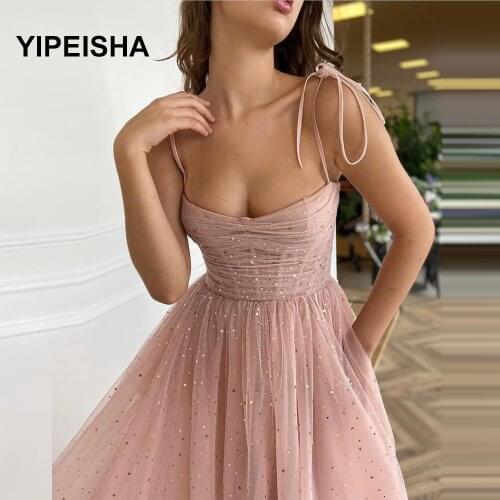 Sparkly Blush Prom Dresses 2021 Spaghetti Straps Pleated Tulle Short Evening Dresses Strapless A-Line Formal Gowns with Pockets