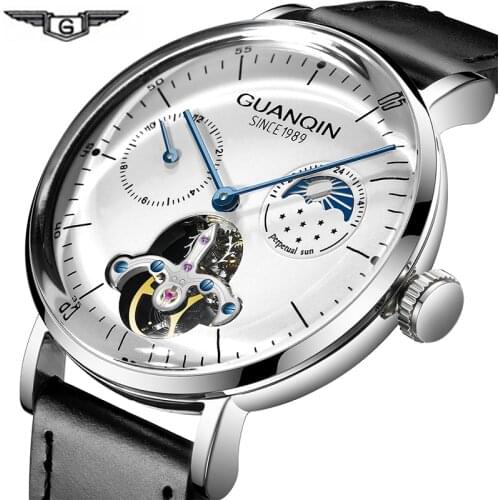 2019 Fashion Tourbillon Watch men GUANQIN 3D Curver Automatic Watch Men Waterproof Moon phase Sapphire Leather band Montre homme