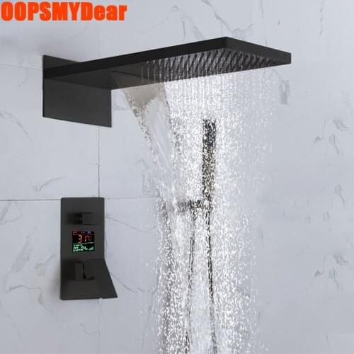 Digital Shower System Bathroom Hot Cold Black Shower Set Wall Concealed Mount Bath Faucet Square Head SPA Rainfall Bathtub Taps