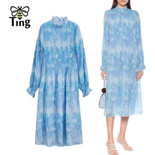 Tingfly Designer Vintage Aesthetic Print Straight Loose Chiffon Casual Dress Ruched Stand Collar Pleated Tie Dye vestidos Zaful