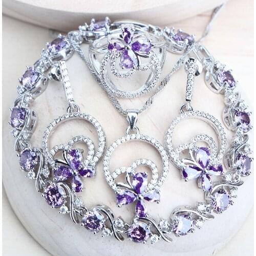 Purple Zirconia Silver 925 Bridal Jewelry Sets For Women Costume Jewellery Bracelets Wedding Rings Earrings Pendants Necklace