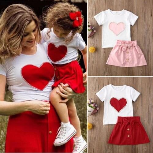 Toddler Kid Baby Girl T-shirt Skirt Pearl Heart Print Outfit Clothes Summer