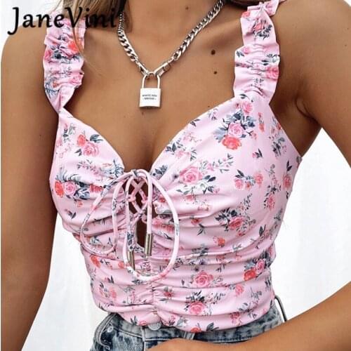 JaneVini New Women Sweet Floral Print Corset Crop Tops Tie Up 2021 Summer Sexy Ruched Bodycon Bustier Casual Tank Top Backless