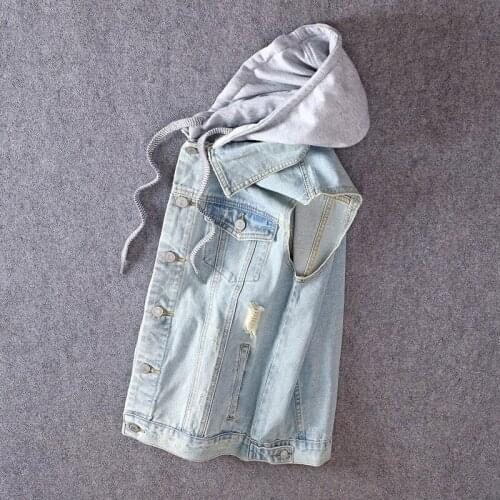 Summer Sleeveless Denim Vest Jacket Men Slim Fit Hole Ripped Hooded Waistcoat Vintage Streetwear Light Blue Casual Mens Vests