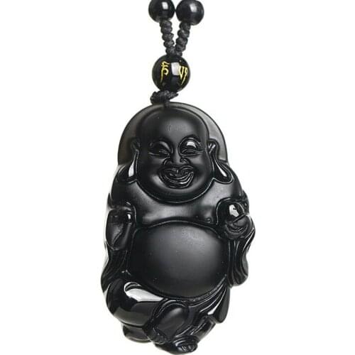 Men Necklace Black Obsidian Pendant Laughing Buddha Maitreya Pendant Free Chain Gift for Female Fine Jade Jewelry