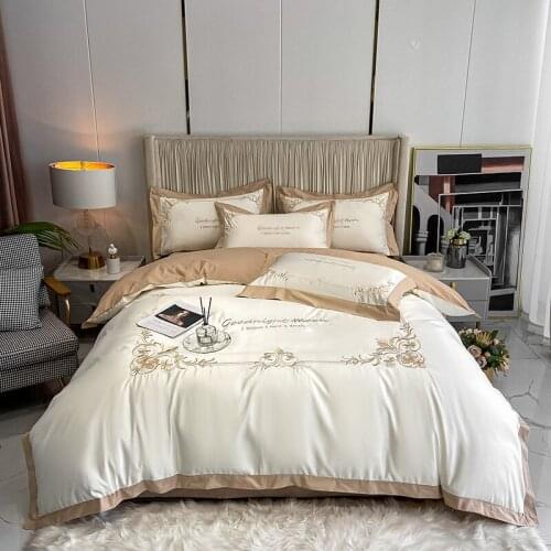 New Luxury White/Khaki Satin Cotton Gold Embroidery Bedding Set Soft Silky Smooth Duvet Cover Flat/Fitted Sheet Pillowcases 4Pcs