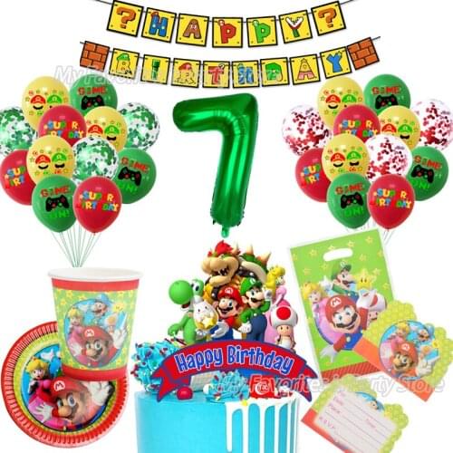Child Birthday Party Supplies Super Mario Disposable Tablecloth Cup Plate Gift Bag Napkins Girl Boy Number Balloon Decoration