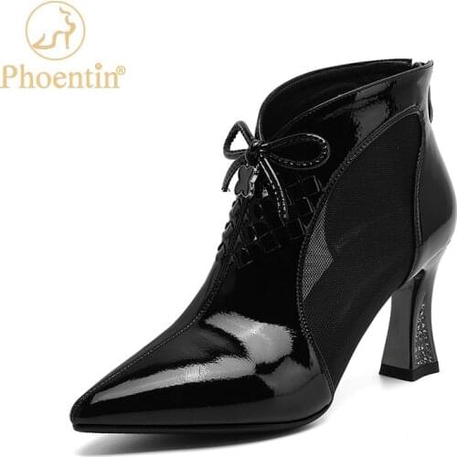 Phoentin Elegant lady Ankle summer boots 2021 mesh and Patent Leather patchwork shoes woman high heel pointed toe boot FT1453