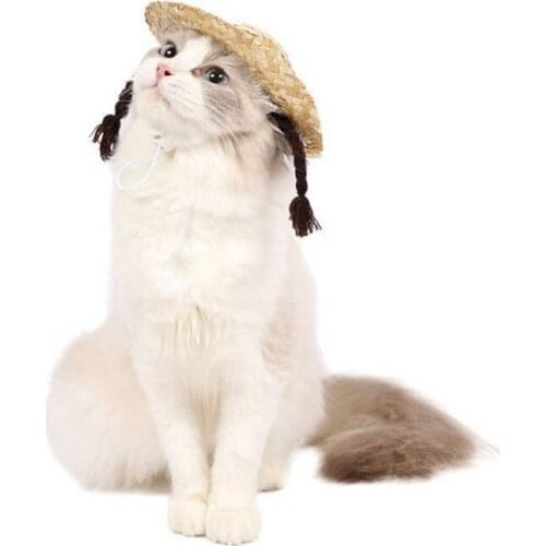 Adjustable Fake braids Pet Woven Hat Sunshade Cat Hat Sombrero For Small Dogs Cats Beach Party Straw Costume Accessories