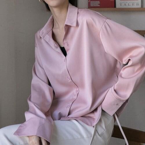 2020 Spring Summer New Fashion Pink Long Sleeve Shirts Women Office Ladies Style Shirt Bright Satin Grey Blouse Femme Nouveaute