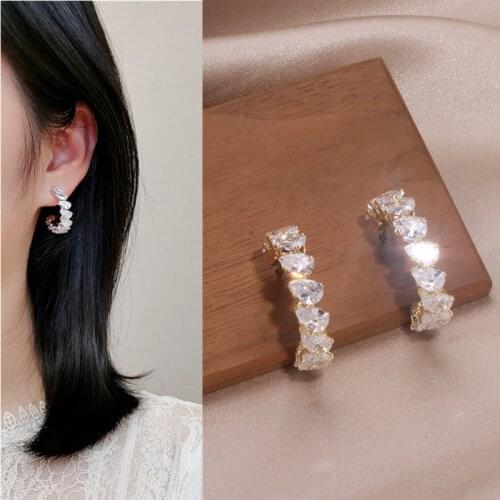 High Quality Korean Elegant C Shape Stud Earrings Sparkling AAA+ Cubic Zirconia Crystal Hoop Earrings For Women Wedding Jewelry