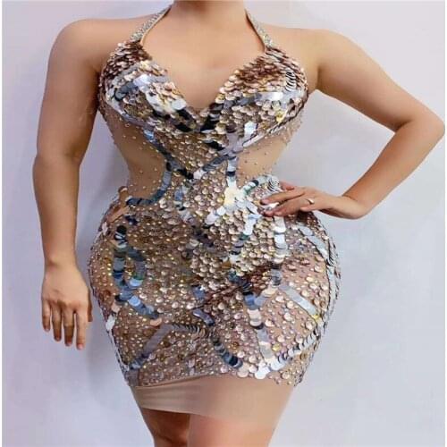 V45 Sexy women shell halter skirt sleeveless rhinestones dance dress mesh model wears skirt stretch sequins sparkly outfit disco