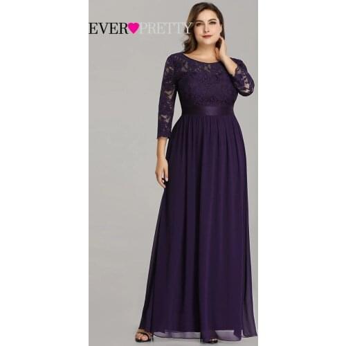 Plus Size Evening Dresses Long Ever Pretty EP07412 Elegant Long Sleeve A-line Lace Chiffon purple Winter Wedding Guest Dresse