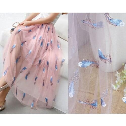 One meter Quality gauze material Blue feather embroidery tissu High grade wedding dress one-piece dress fabrics